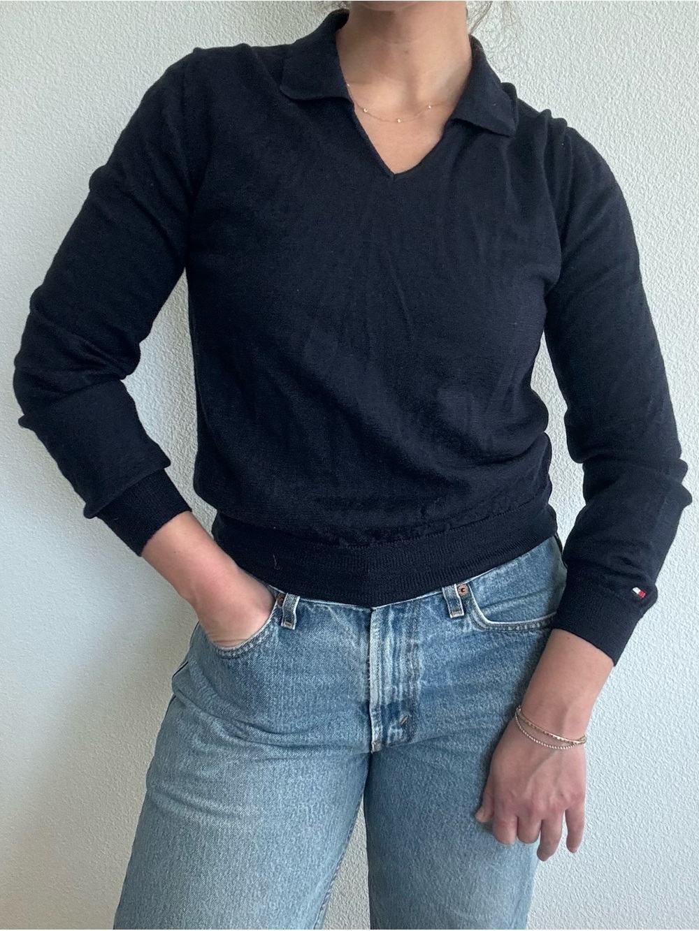 Vintage Tommy Hilfiger Navy 100% Merino Wool Collared Polo Sweater M